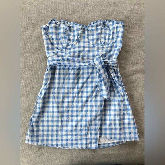 For Love and Lemons Dixie Mini Dress Strapless Sweetheart Neckline Blue Gingham - Picture 3 of 9